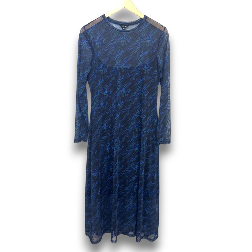 Saint + Sofia Dress 10 Blue Abstract Swirl Mesh Maxi Long Sleeve Edgy Sheer‎